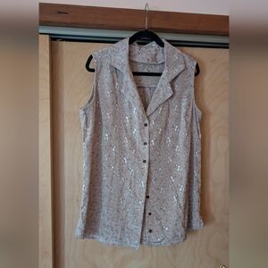 Vintage Sleeveless Beige And Gold Button-Up Top